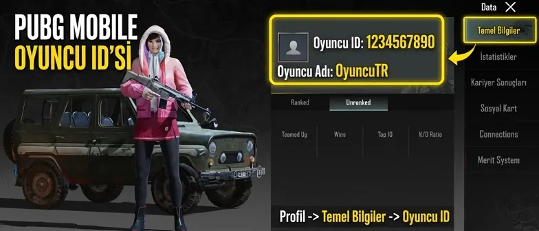 Görselde İşaretlenmiş Alandan ID'nizi öğrenebilirsiniz. Herhangi bir problemde 7/24 canlı destek hatları üzerinden iletişime geçebilirsiniz.